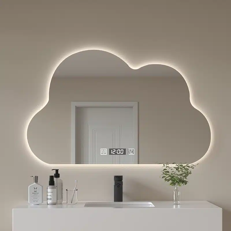 smart LED mirror with slim frame in bathroom