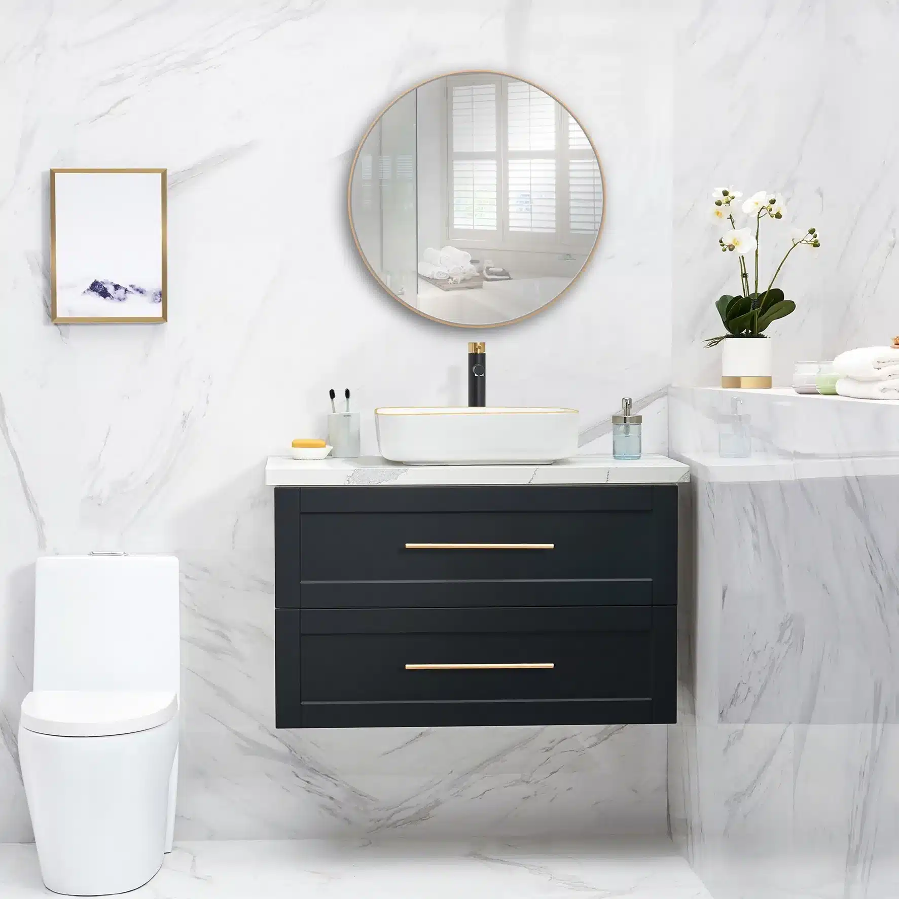 Vessel Sink Basins on Vanities: Height, Spout and Install Specs 1 Wall-mounted bathroom vanity with a white vessel sink installed