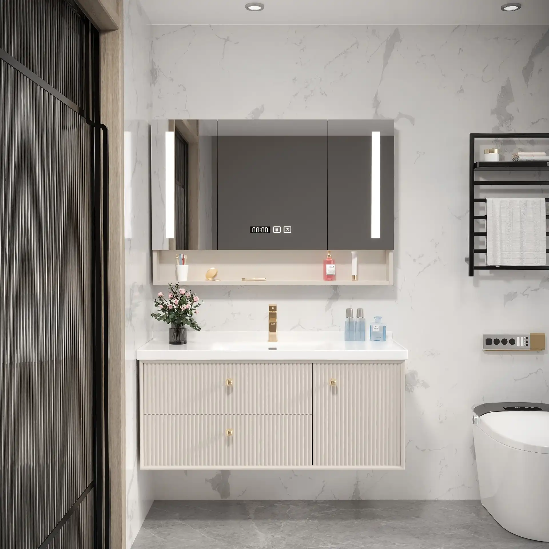 White PVC bathroom vanity showing finish and size options that move the unit price