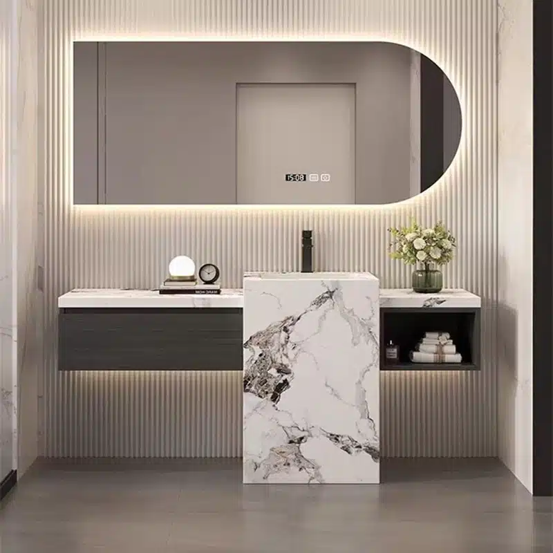 Bathroom Vanity Color Trends 2027: What to Stock and Skip 2 Dark moody double sink vanity with marble center and slat wall