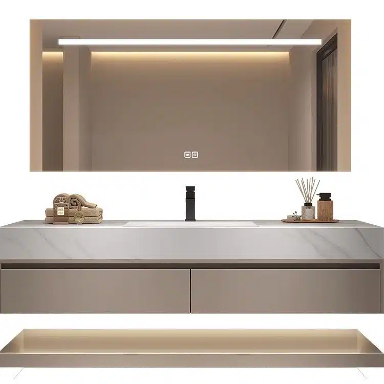 Sintered stone bathroom vanity with an integrated basin and cabinet storage