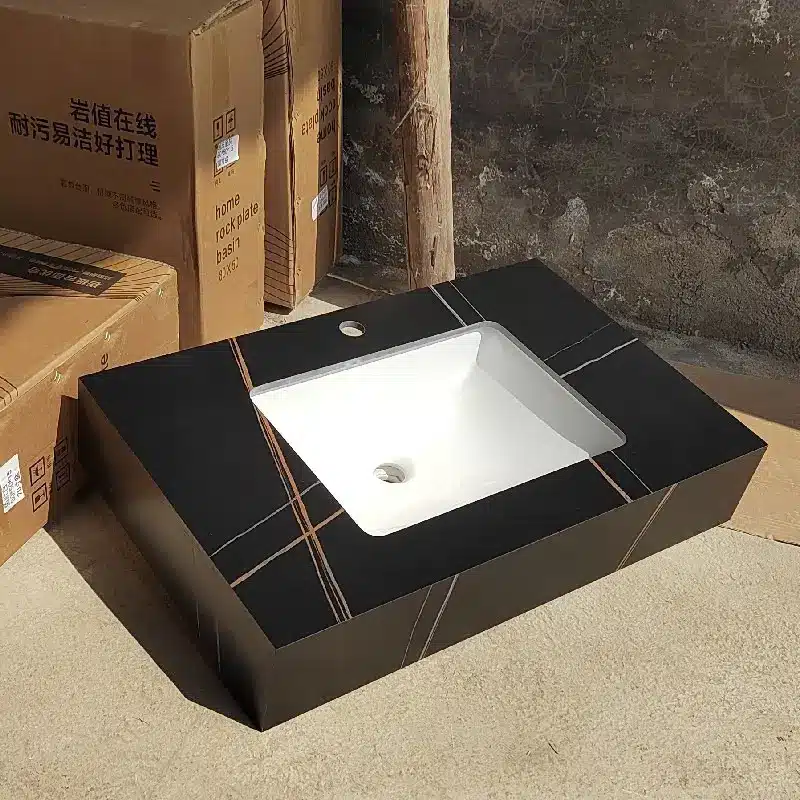 Sintered Stone Vanity Trends: Textures, Veining and Large-Format Tops 4 Sintered stone basin sink for vanity integration