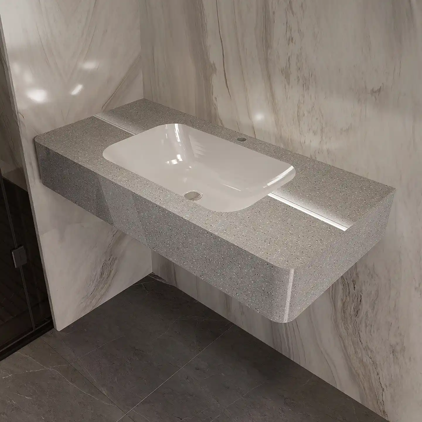 Vessel Sink Basins on Vanities: Height, Spout and Install Specs 4 Floating sintered stone basin on a marble wall