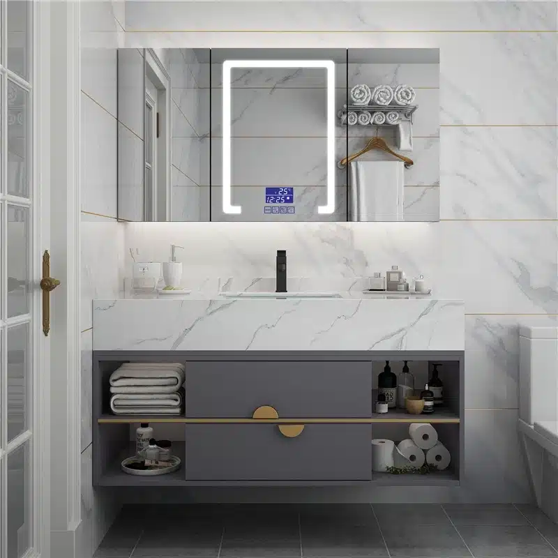 Solid wood bathroom vanity with natural finish