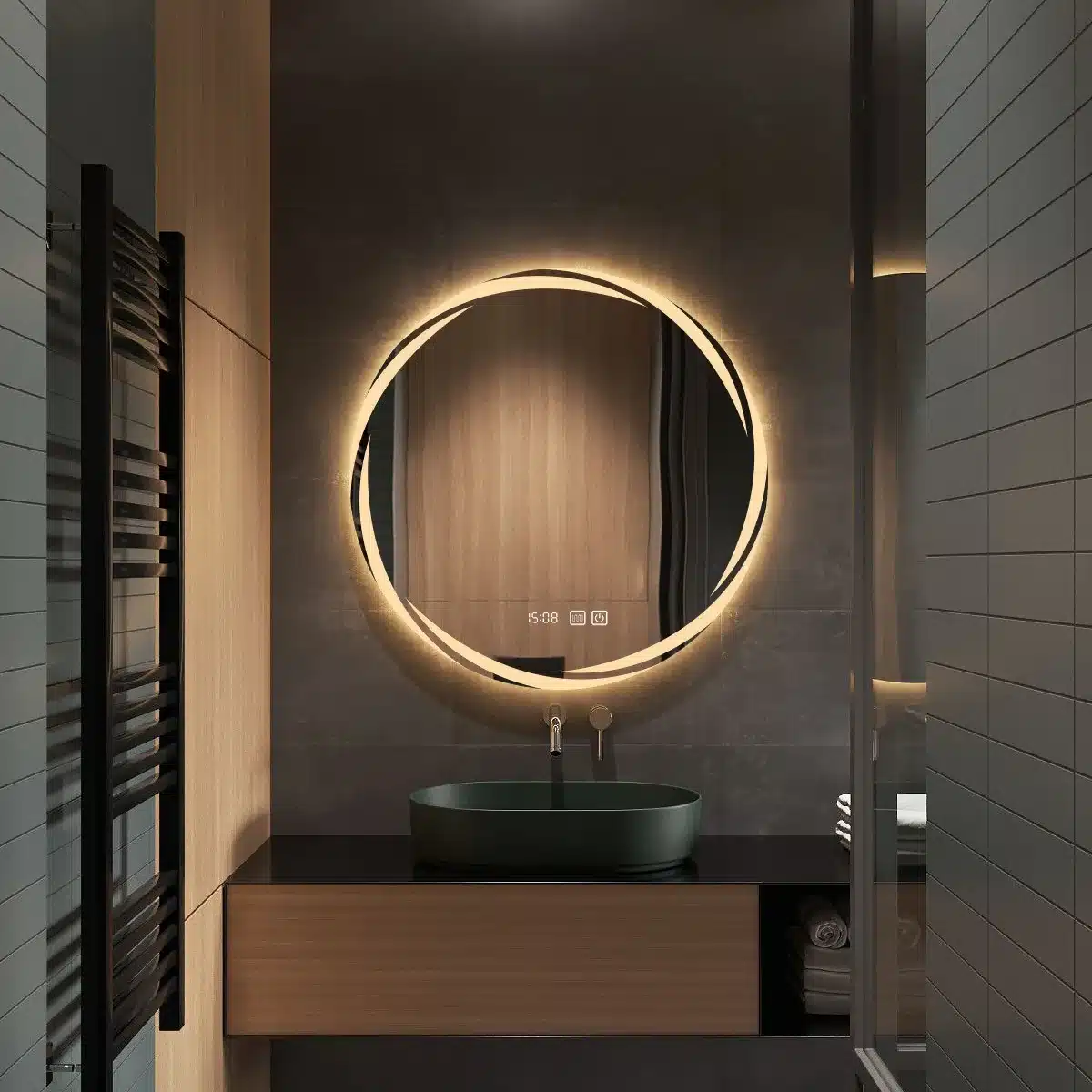 Mirror Glass Silver vs Aluminum Coating: Which Lasts in Bathrooms 2 Round LED bathroom mirror with anti-fog function in a humid wood-tile bathroom