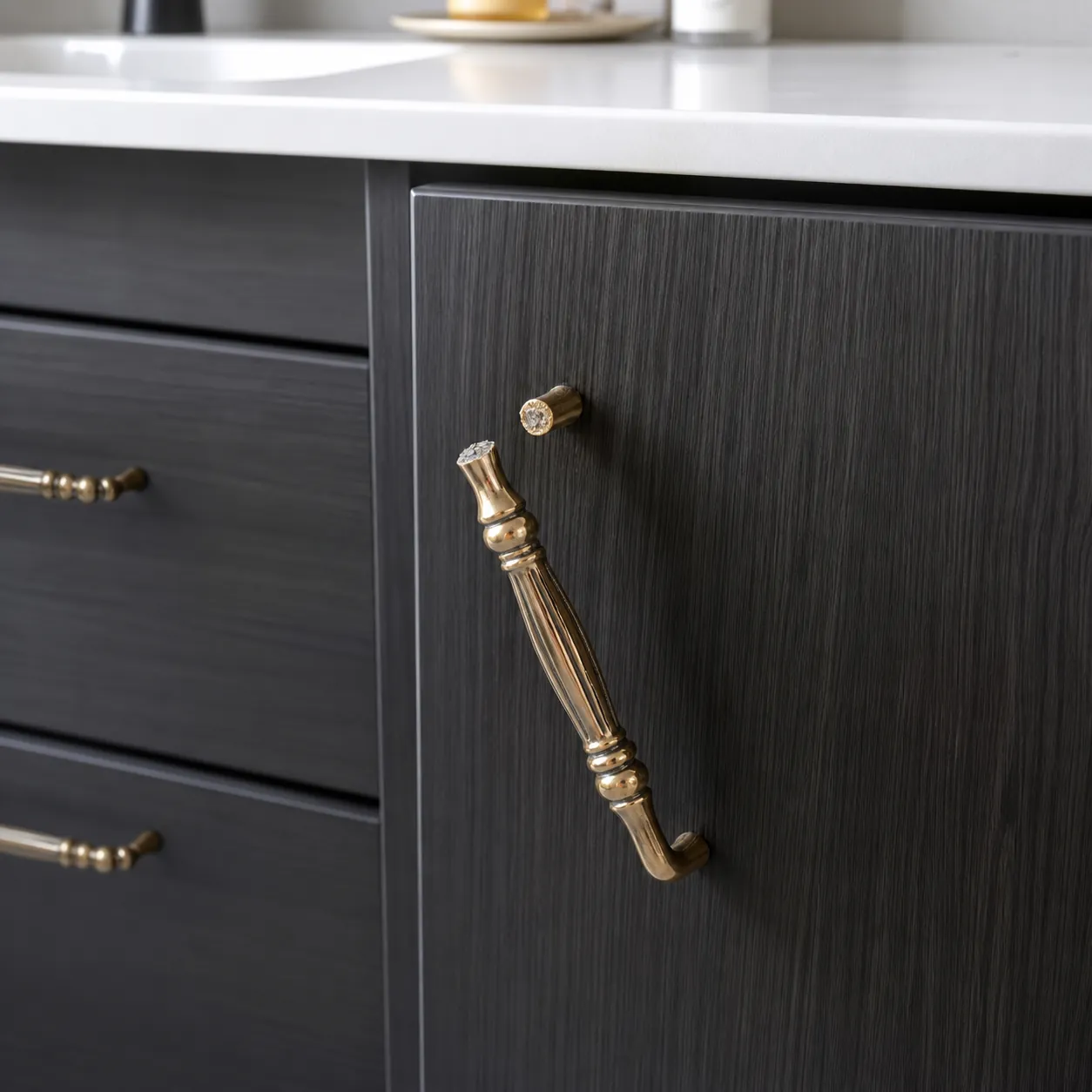 Plywood bathroom cabinet with dark wood veneer and brass hardware
