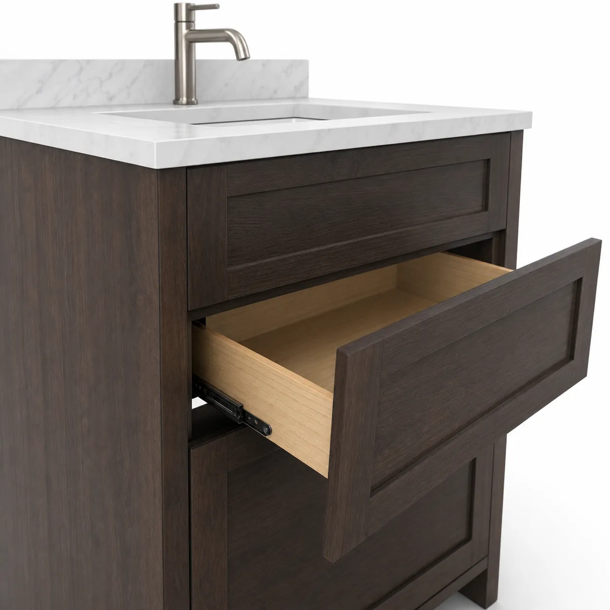 Commercial bathroom vanity with full-extension drawers