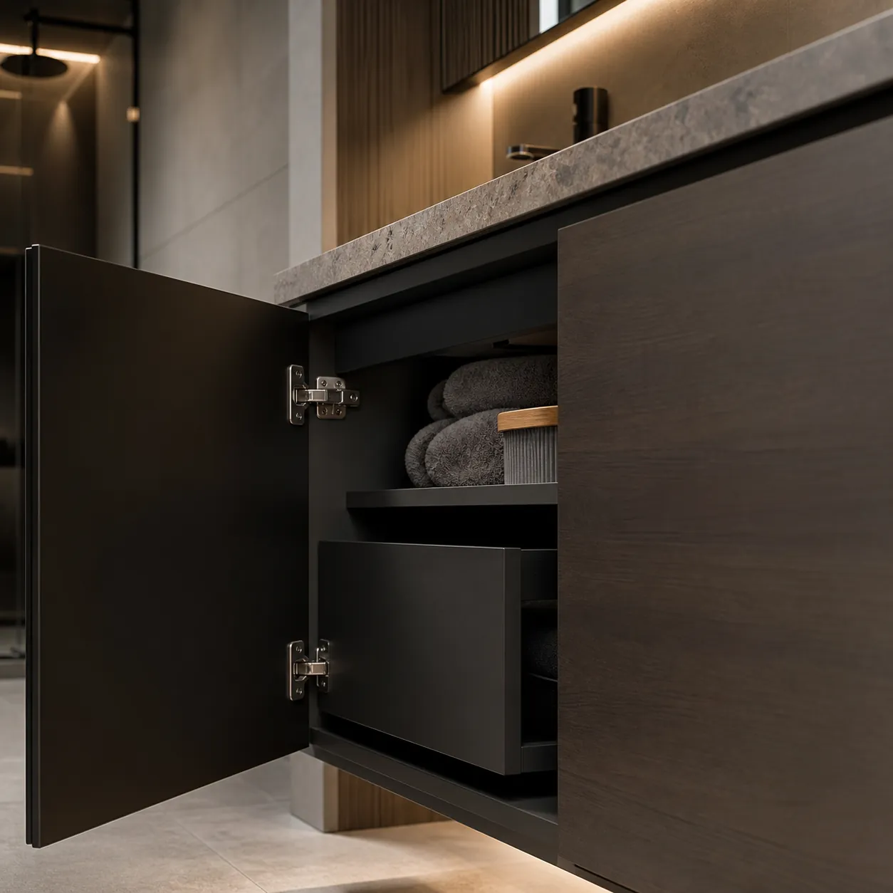 Open-view of a premium black bathroom vanity cabinet with an integrated drawer and towel storage, reflecting our contemporary bathroom furniture and storage solutions. It showcases the clean lines and dark wood finish typical of our luxury vanity collections for upscale interiors.