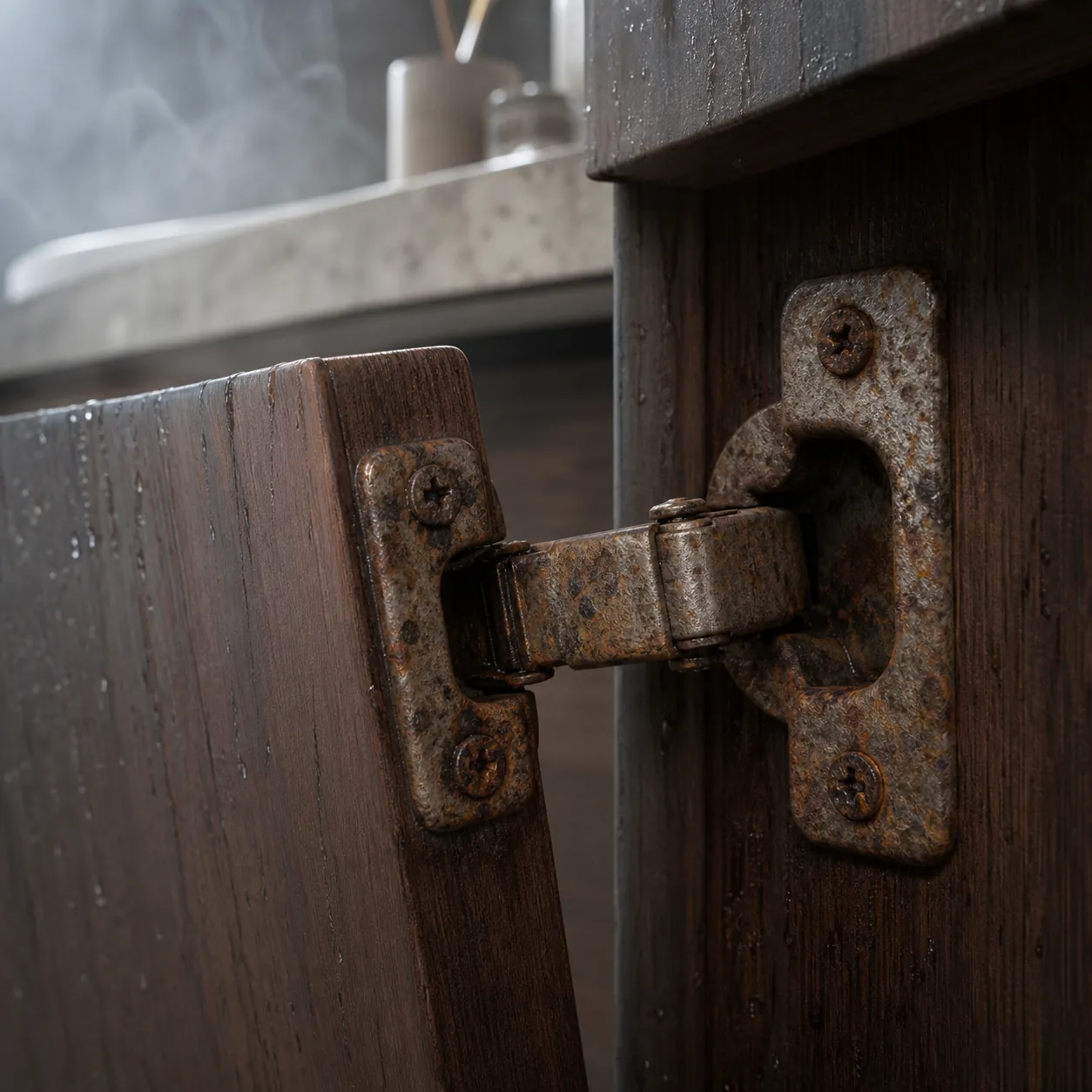 Corroded cabinet hinge showing humidity damage to vanity hardware
